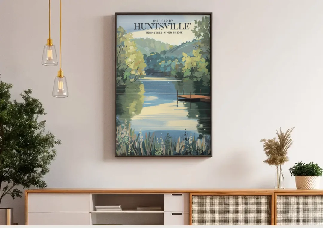 Huntsville Tennessee River Serenity canvas wall art above a wooden sideboard under pendant lights