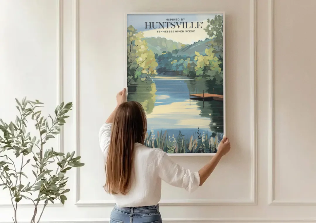 Huntsville Tennessee River Serenity canvas wall art being hung on a paneled wall