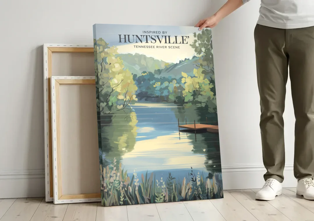 Huntsville Tennessee River Serenity canvas wall art leaning against a wall next to blank canvases