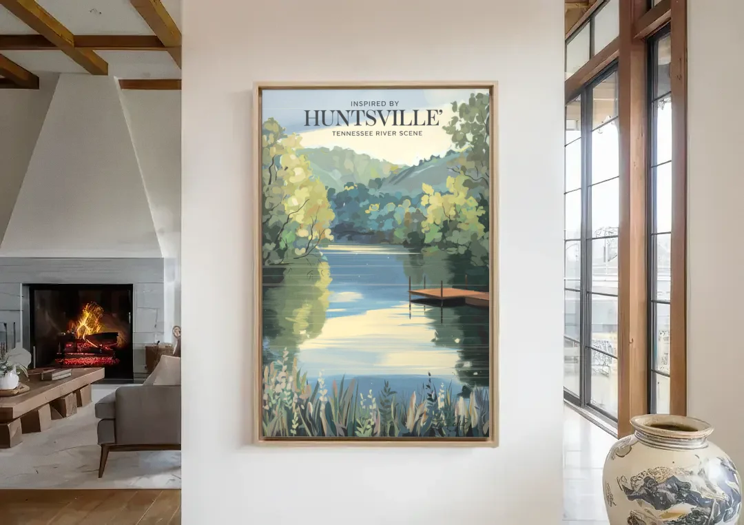 Huntsville Tennessee River Serenity canvas wall art in a living room with a fireplace