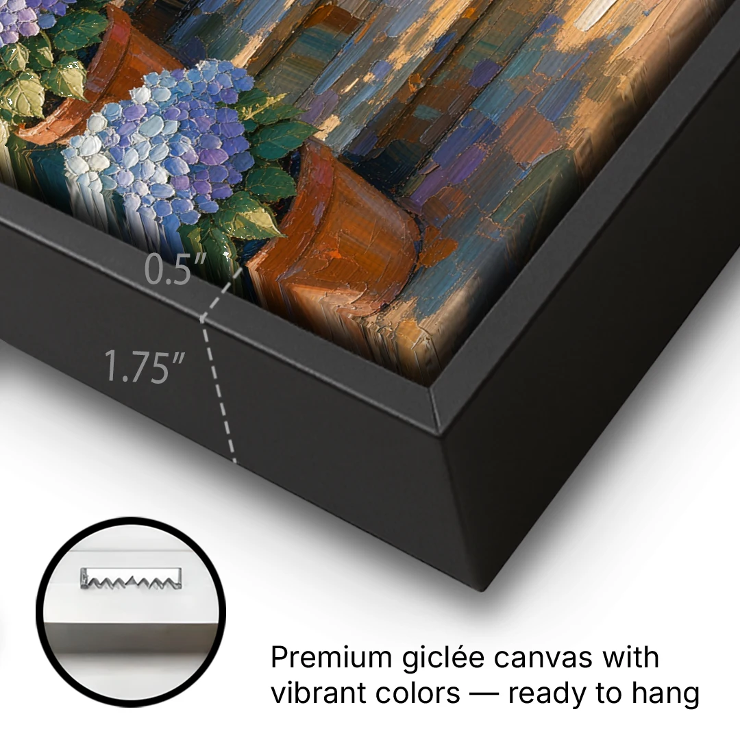 Hydrangea Wall Art on the Sunlit Porch Steps - Black Framed Canvas Wall Art - Gallery Wrap Corner