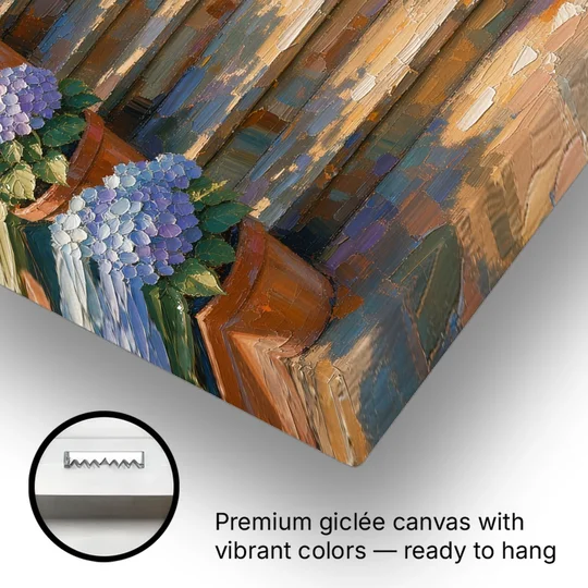 Hydrangea Wall Art on the Sunlit Porch Steps - Canvas Wall Art - Gallery Wrap Corner