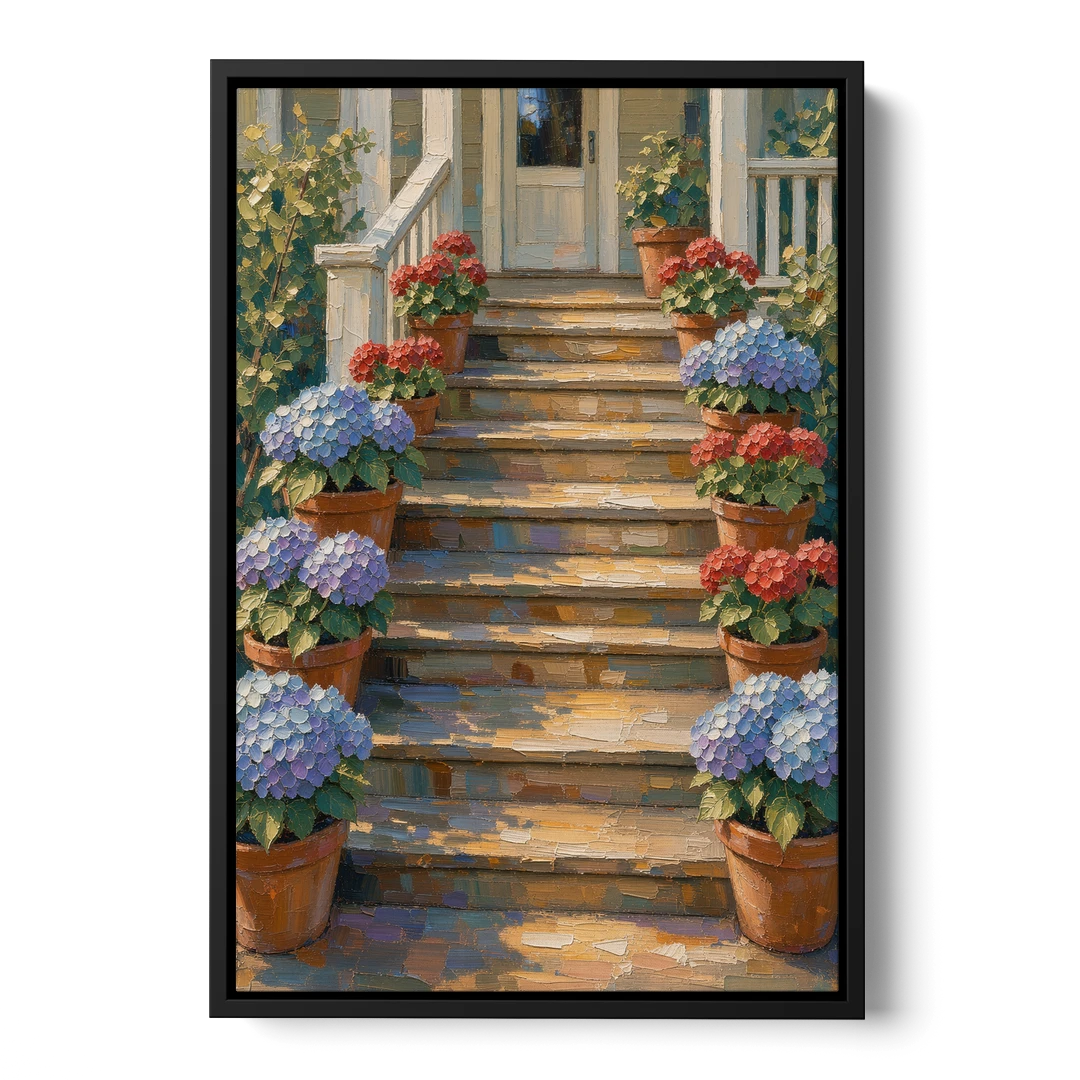 Hydrangea Wall Art on the Sunlit Porch Steps - Black Framed Canvas Wall Art - Front
