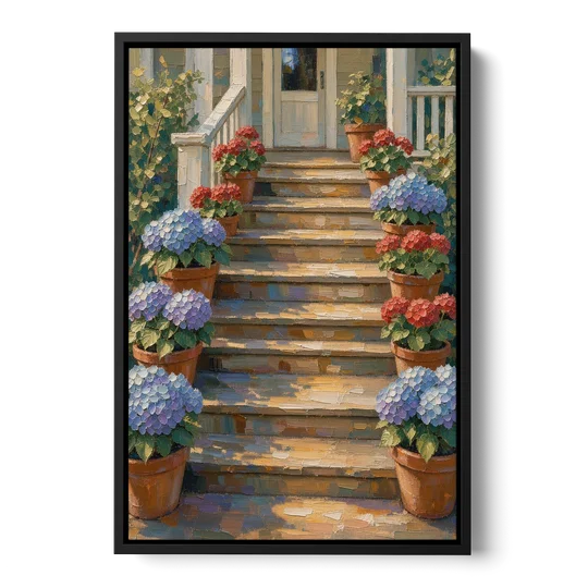 Hydrangea Wall Art on the Sunlit Porch Steps - Black Framed Canvas Wall Art - Front
