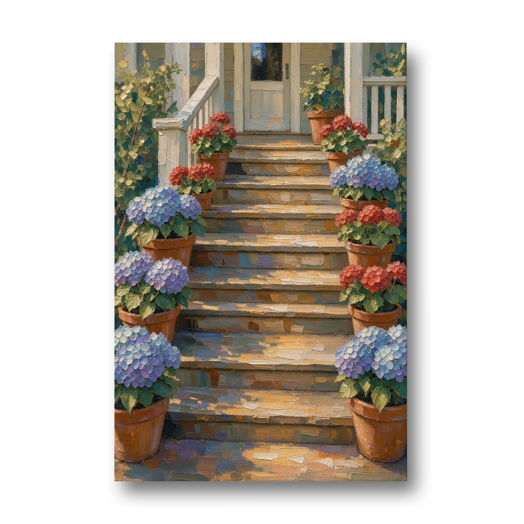 Hydrangea Wall Art on the Sunlit Porch Steps - Canvas Wall Art - Front