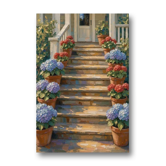 Hydrangea Wall Art on the Sunlit Porch Steps - Canvas Wall Art - Front