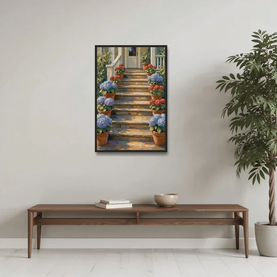 Hydrangea Wall Art on the Sunlit Porch Steps - Black Framed Canvas Wall Art - Coffee Table - 24x36