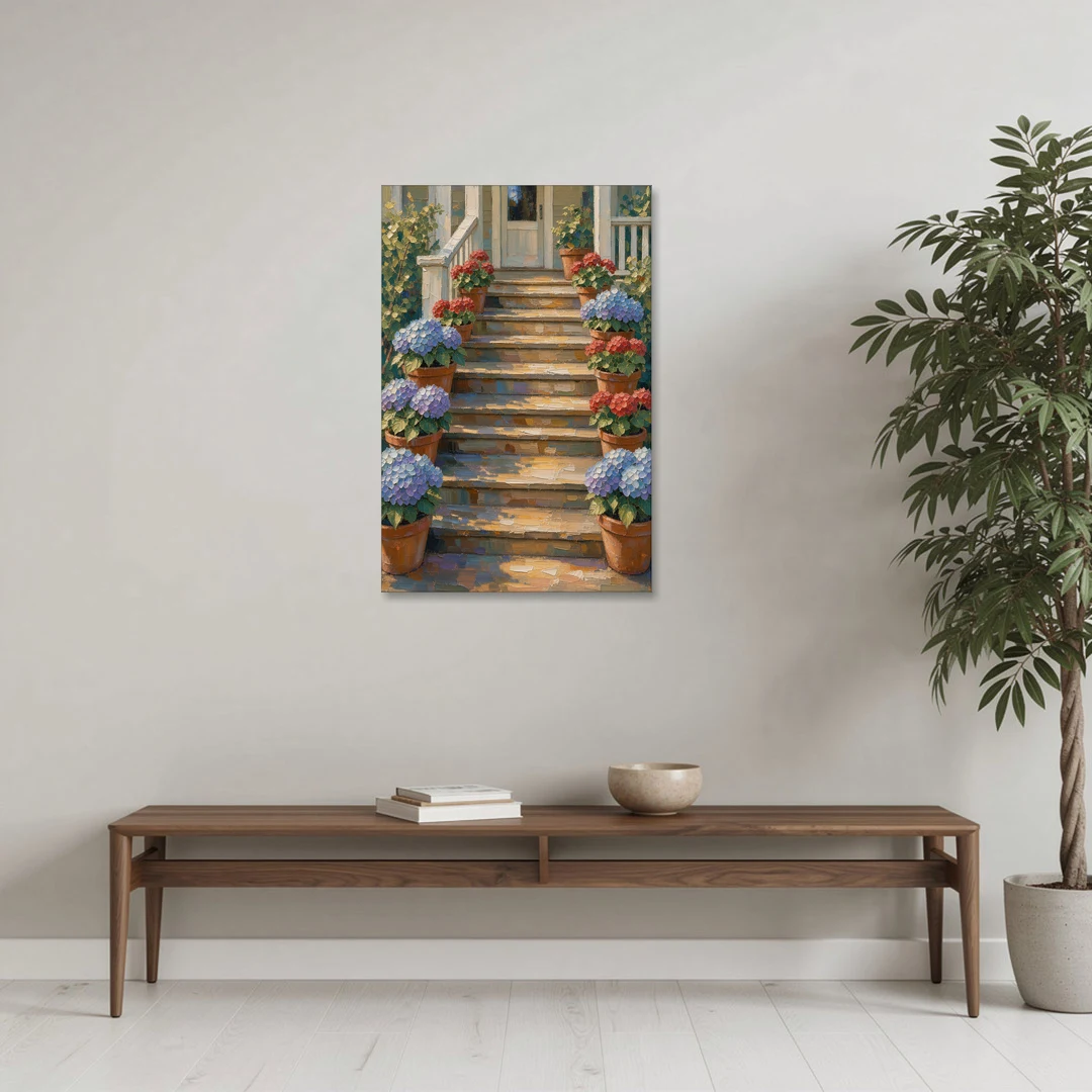 Hydrangea Wall Art on the Sunlit Porch Steps - Canvas Wall Art - Coffee Table - 24x36