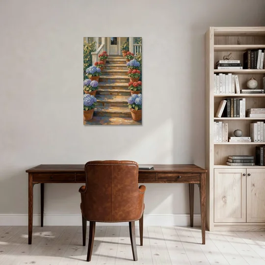 Hydrangea Wall Art on the Sunlit Porch Steps - Canvas Wall Art - Office - 24x36