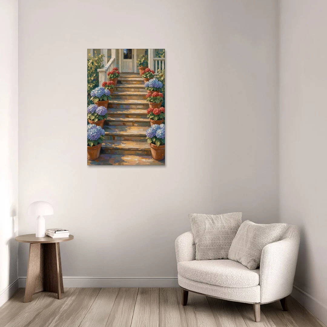 Hydrangea Wall Art on the Sunlit Porch Steps - Canvas Wall Art - Sofa - 24x36