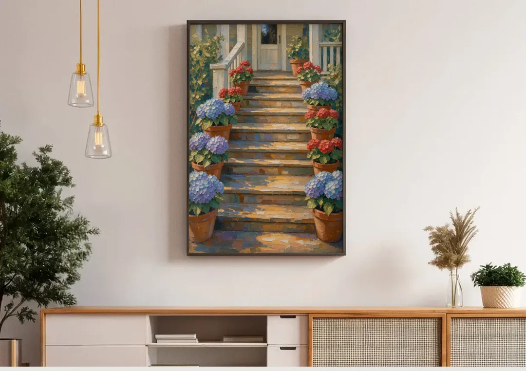 Hydrangea Wall Art on the Sunlit Porch Steps canvas wall art above a wooden sideboard under pendant lights