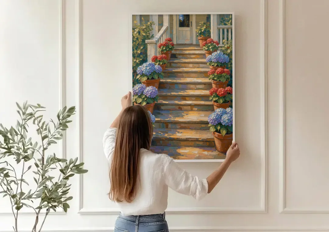 Hydrangea Wall Art on the Sunlit Porch Steps canvas wall art being hung on a paneled wall