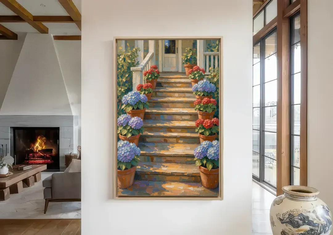 Hydrangea Wall Art on the Sunlit Porch Steps canvas wall art in a living room with a fireplace