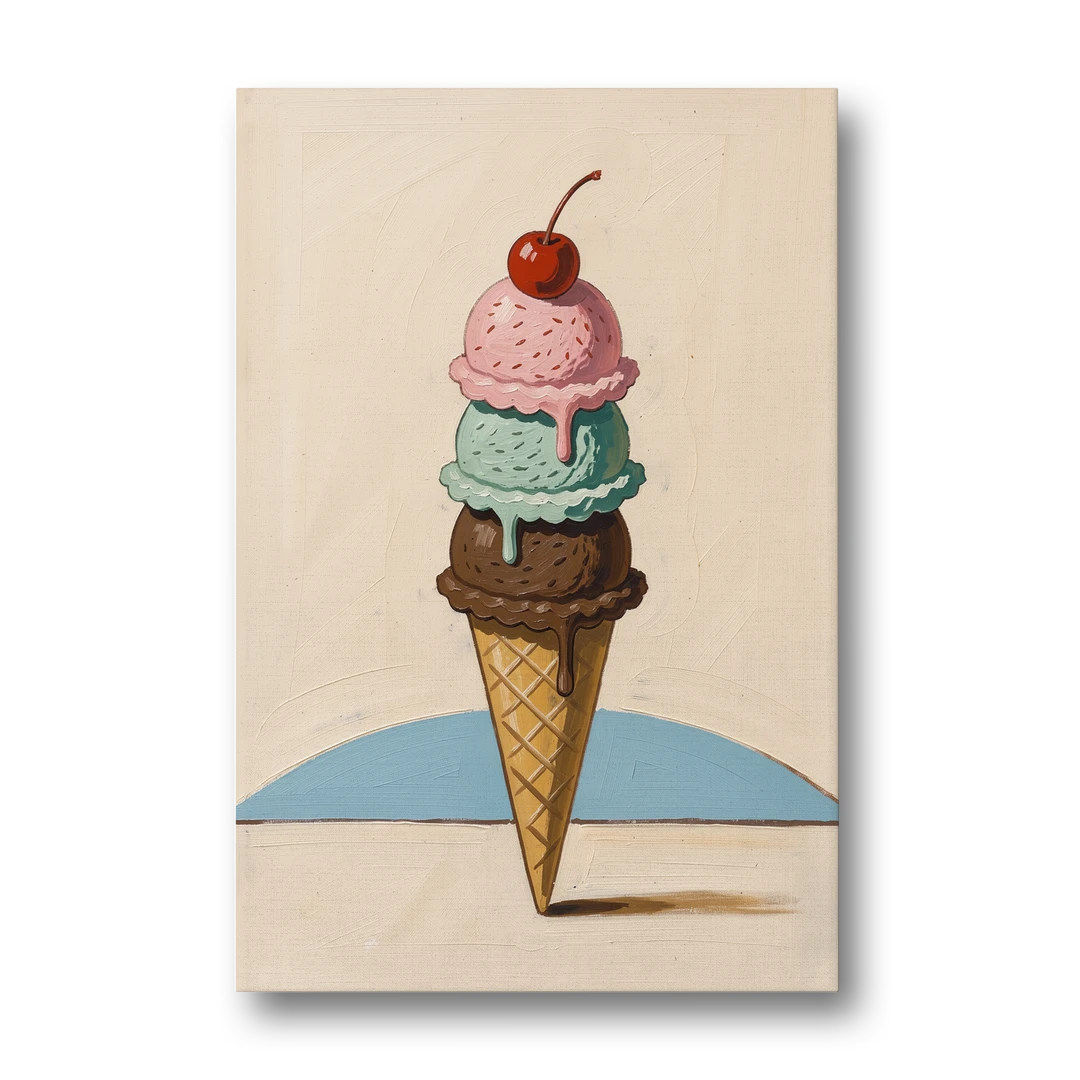 Ice Cream Cone Painting with a Cherry on Top - Canvas Wall Art - Front