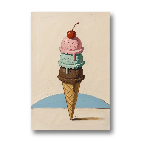 Ice Cream Cone Painting with a Cherry on Top - Canvas Wall Art - Front