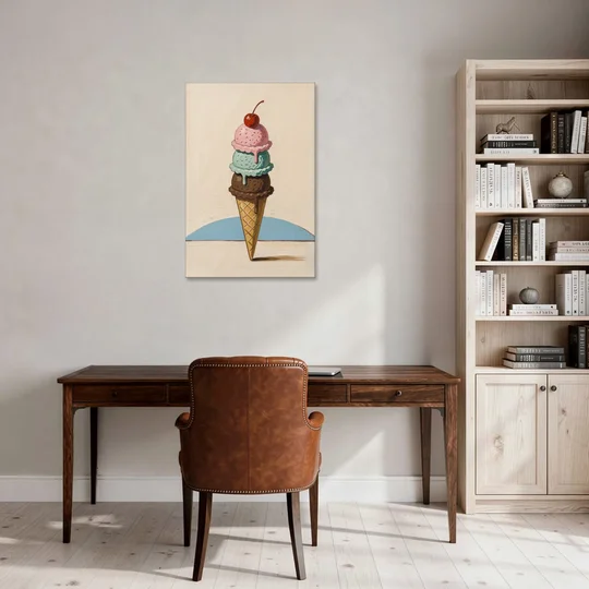 Ice Cream Cone Painting with a Cherry on Top - Canvas Wall Art - Office - 24x36