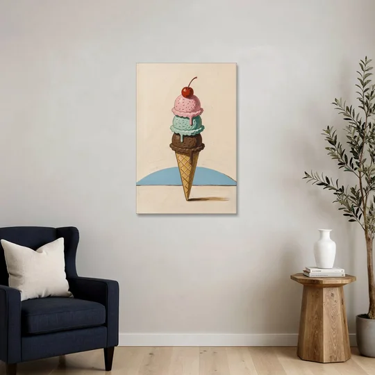 Ice Cream Cone Painting with a Cherry on Top - Canvas Wall Art - Sofa - 24x36