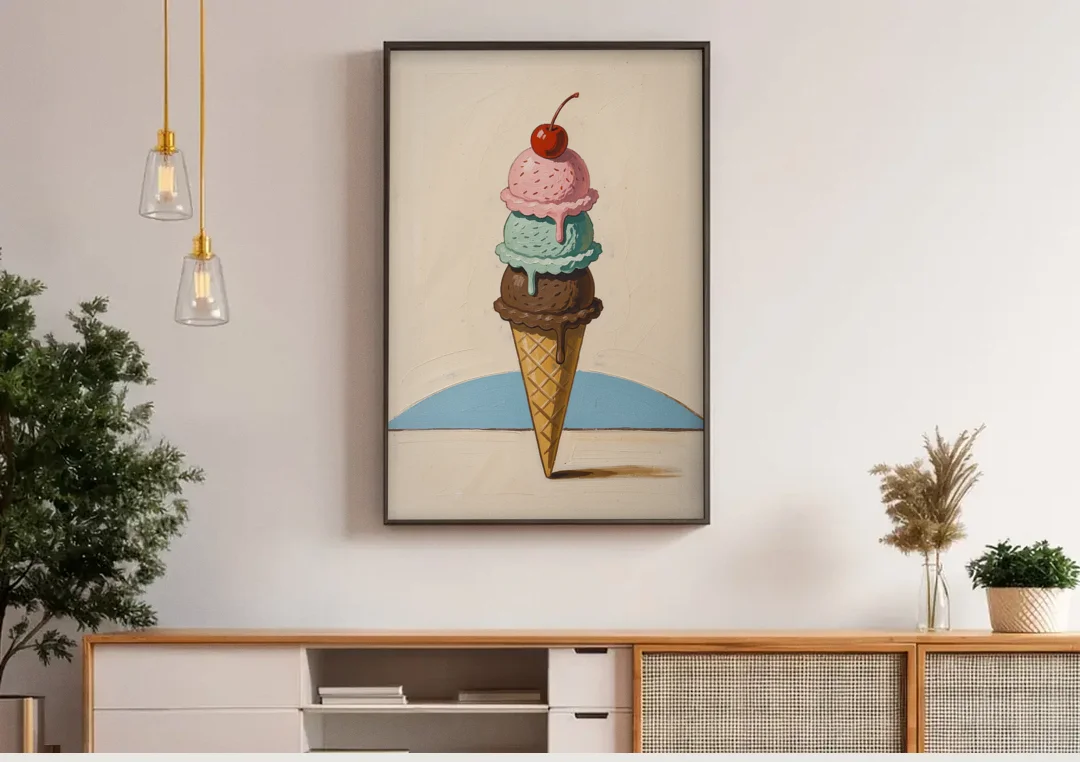 Ice Cream Cone Painting with a Cherry on Top canvas wall art above a wooden sideboard under pendant lights