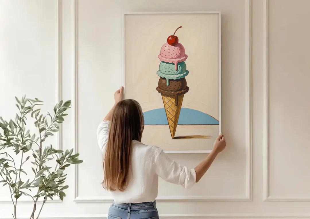 Ice Cream Cone Painting with a Cherry on Top canvas wall art being hung on a paneled wall