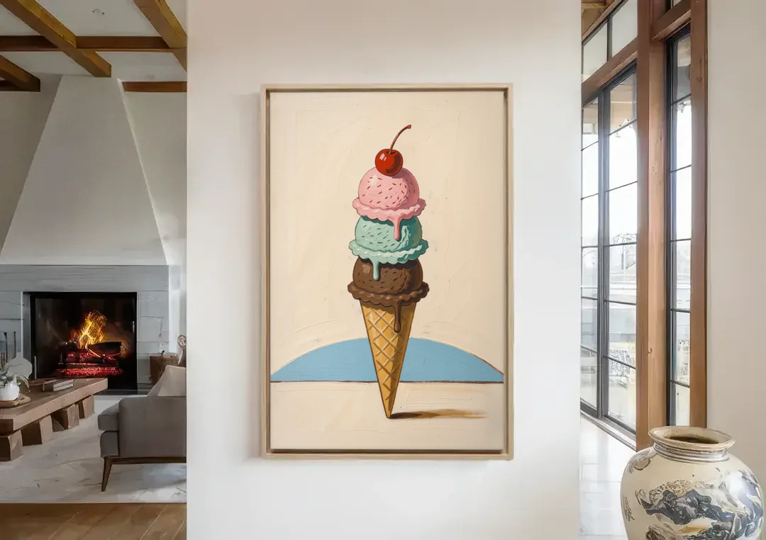 Ice Cream Cone Painting with a Cherry on Top canvas wall art in a living room with a fireplace
