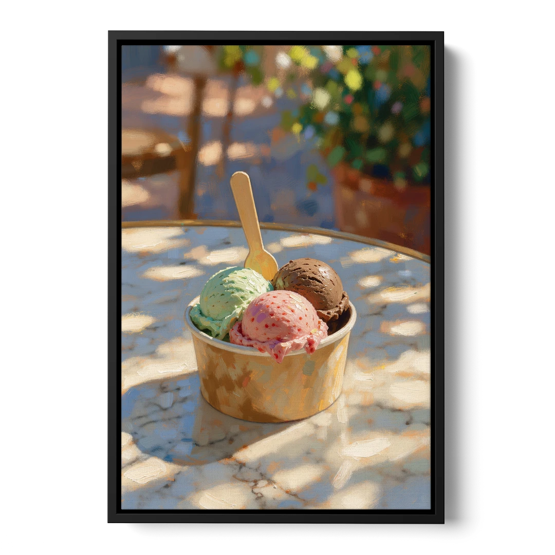 Ice Cream Painting Gelato Cup in Summer Shade - Black Framed Canvas Wall Art - Front