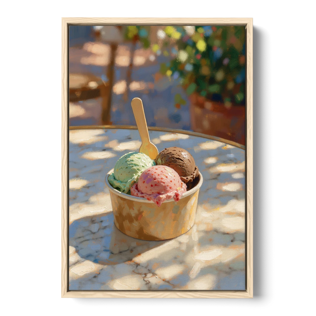 Ice Cream Painting Gelato Cup in Summer Shade - Oak Framed Canvas Wall Art - Front