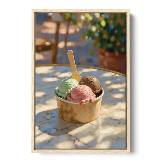 Ice Cream Painting Gelato Cup in Summer Shade - Oak Framed Canvas Wall Art - Front