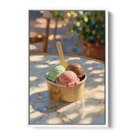 Ice Cream Painting Gelato Cup in Summer Shade - White Framed Canvas Wall Art - Front