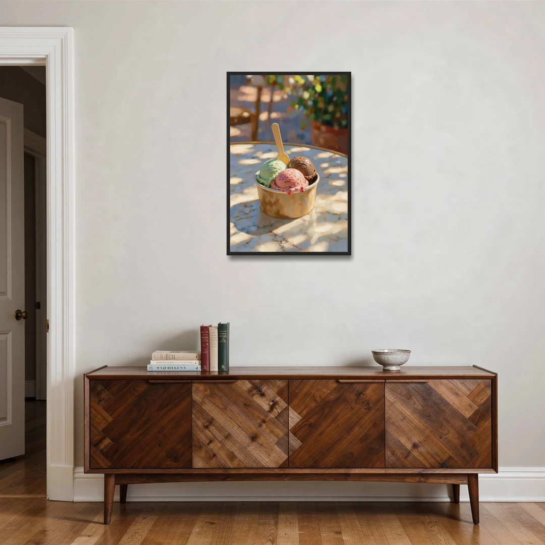 Ice Cream Painting Gelato Cup in Summer Shade - Black Framed Canvas Wall Art - Coffee Table - 24x36