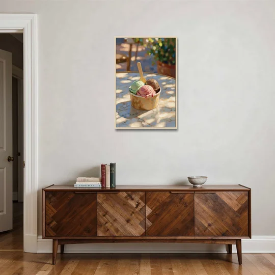 Ice Cream Painting Gelato Cup in Summer Shade - Oak Framed Canvas Wall Art - Coffee Table - 24x36