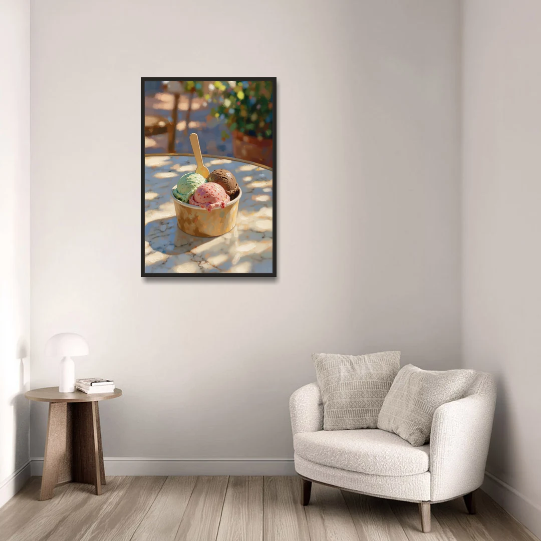 Ice Cream Painting Gelato Cup in Summer Shade - Black Framed Canvas Wall Art - Sofa - 24x36