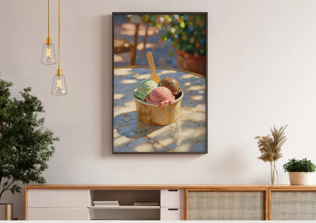 Ice Cream Painting Gelato Cup in Summer Shade canvas wall art above a wooden sideboard under pendant lights