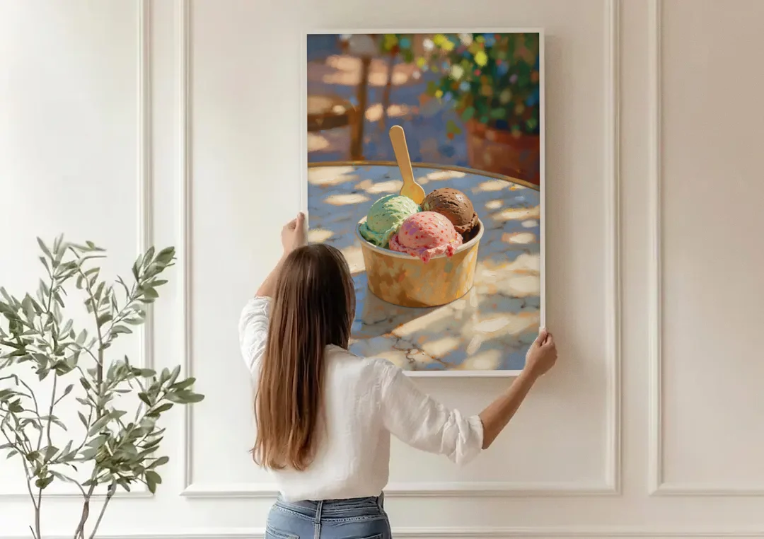 Ice Cream Painting Gelato Cup in Summer Shade canvas wall art being hung on a paneled wall