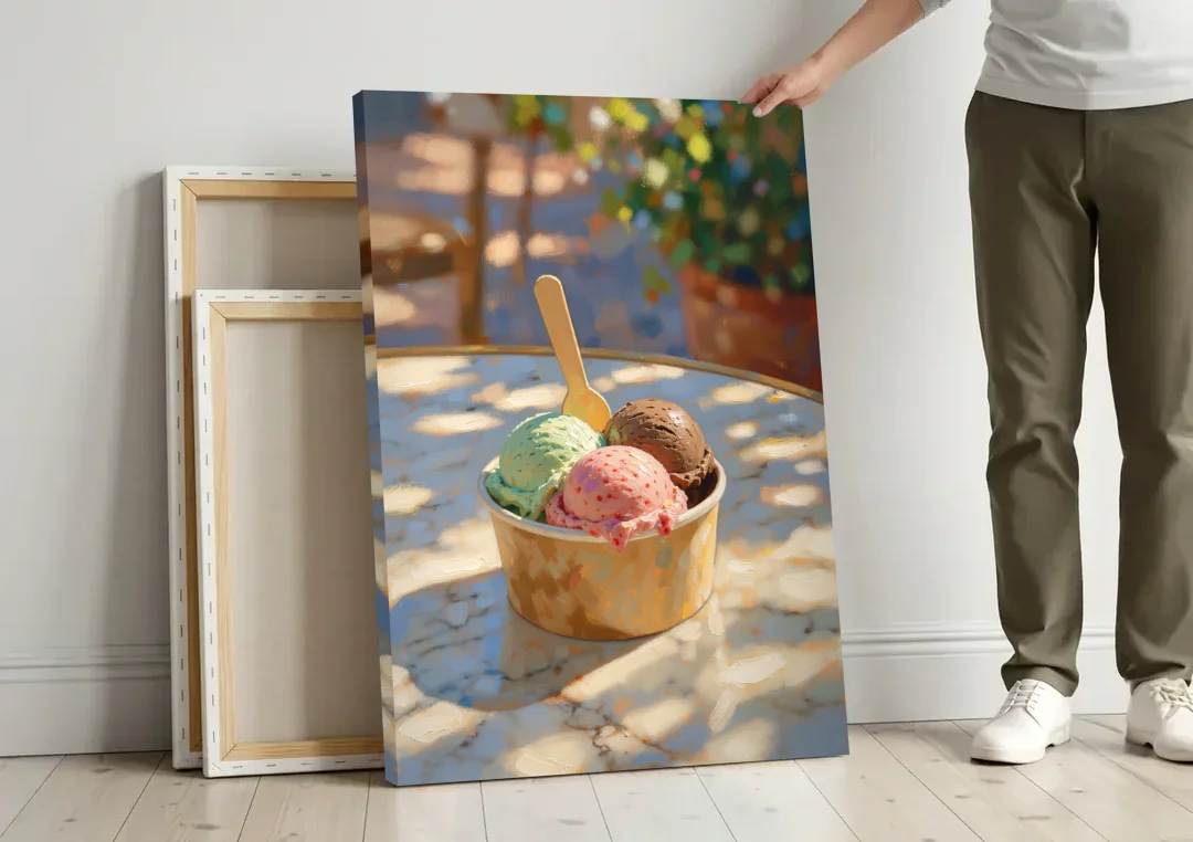 Ice Cream Painting Gelato Cup in Summer Shade canvas wall art leaning against a wall next to blank canvases