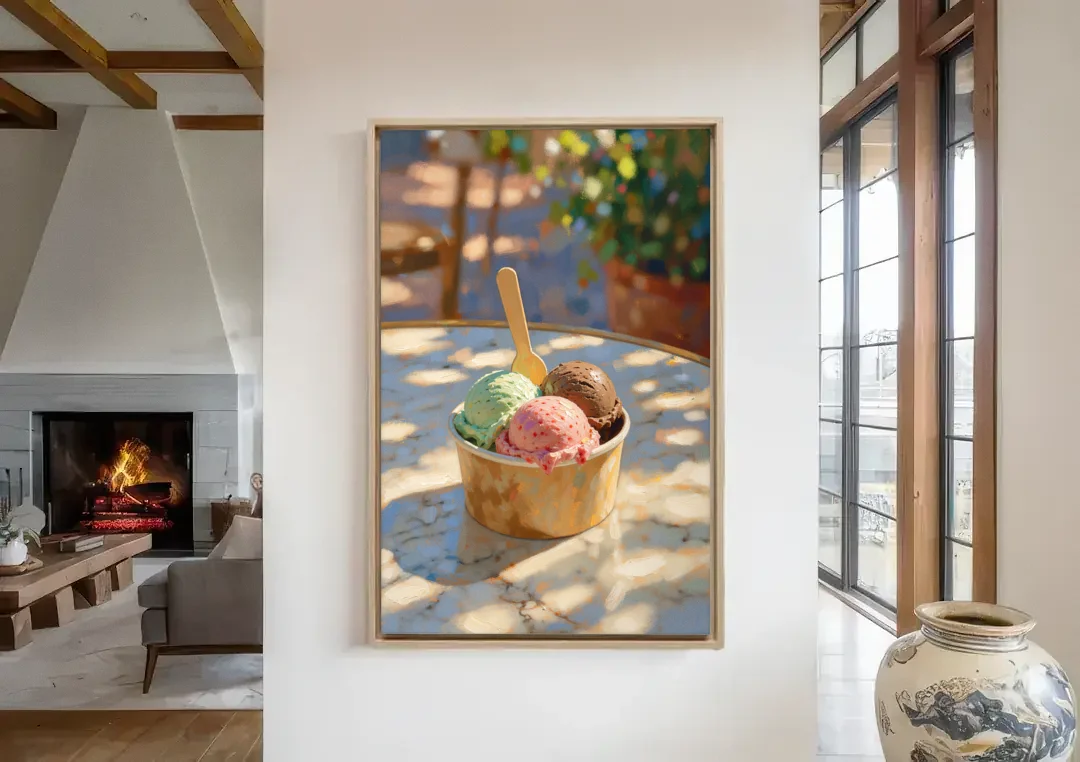 Ice Cream Painting Gelato Cup in Summer Shade canvas wall art in a living room with a fireplace
