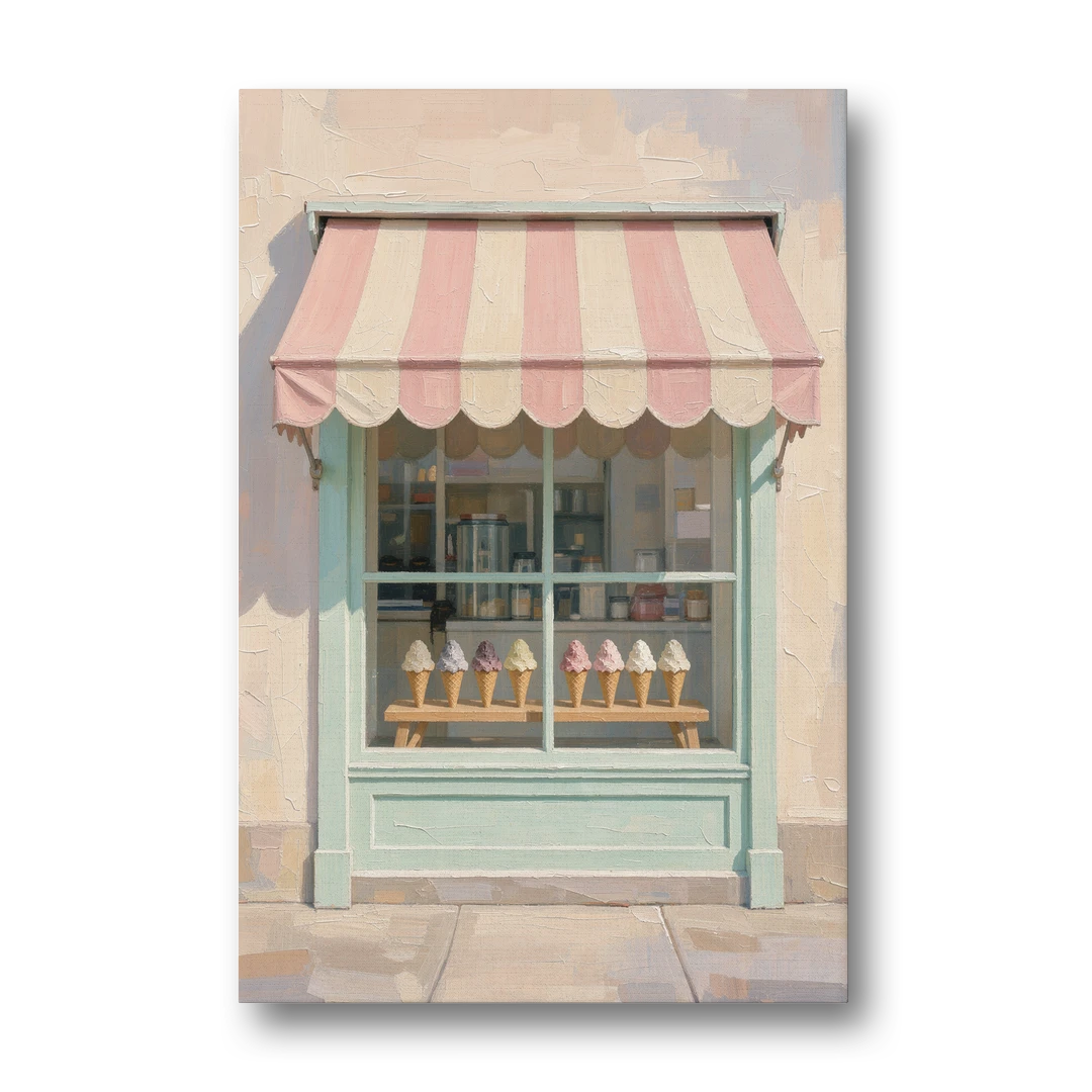Ice Cream Shop Decor of a Striped Awning Window - Canvas Wall Art - Front