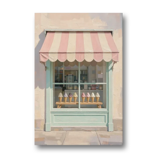 Ice Cream Shop Decor of a Striped Awning Window - Canvas Wall Art - Front