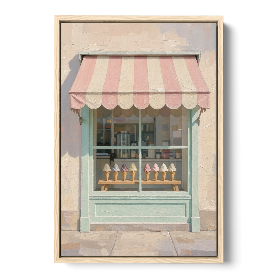 Ice Cream Shop Decor of a Striped Awning Window - Oak Framed Canvas Wall Art - Front