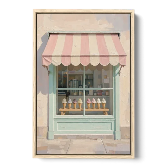 Ice Cream Shop Decor of a Striped Awning Window - Oak Framed Canvas Wall Art - Front