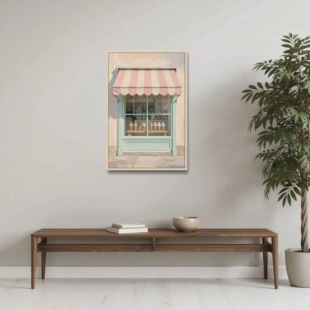 Ice Cream Shop Decor of a Striped Awning Window - Oak Framed Canvas Wall Art - Coffee Table - 24x36