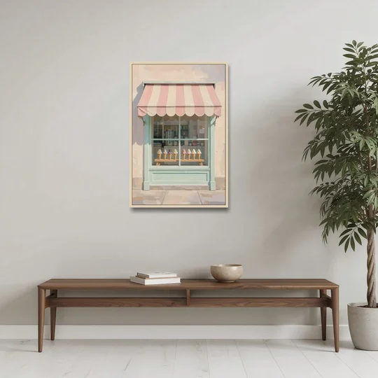 Ice Cream Shop Decor of a Striped Awning Window - Oak Framed Canvas Wall Art - Coffee Table - 24x36