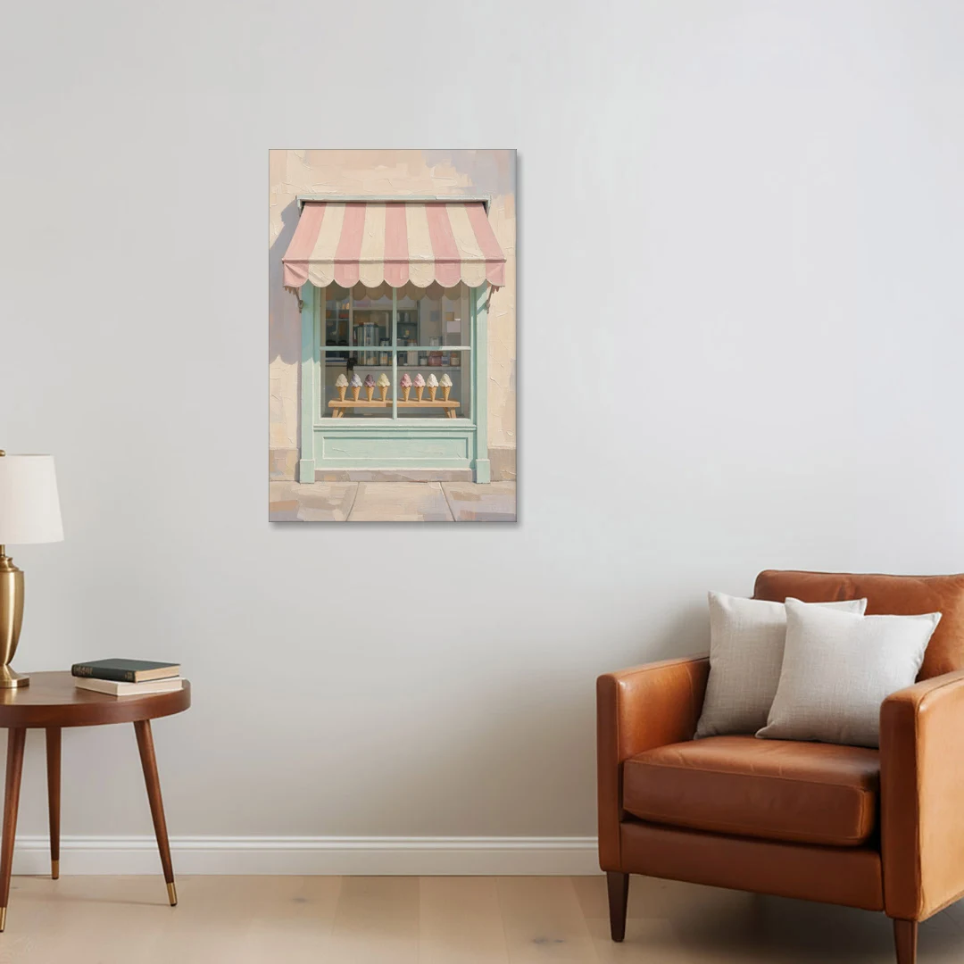 Ice Cream Shop Decor of a Striped Awning Window - Canvas Wall Art - Sofa - 24x36