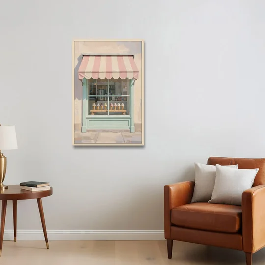 Ice Cream Shop Decor of a Striped Awning Window - Oak Framed Canvas Wall Art - Sofa - 24x36
