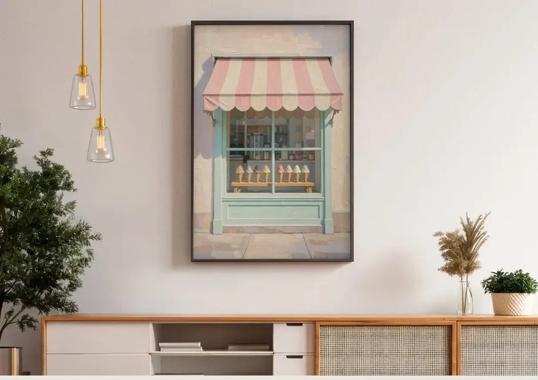 Ice Cream Shop Decor of a Striped Awning Window canvas wall art above a wooden sideboard under pendant lights