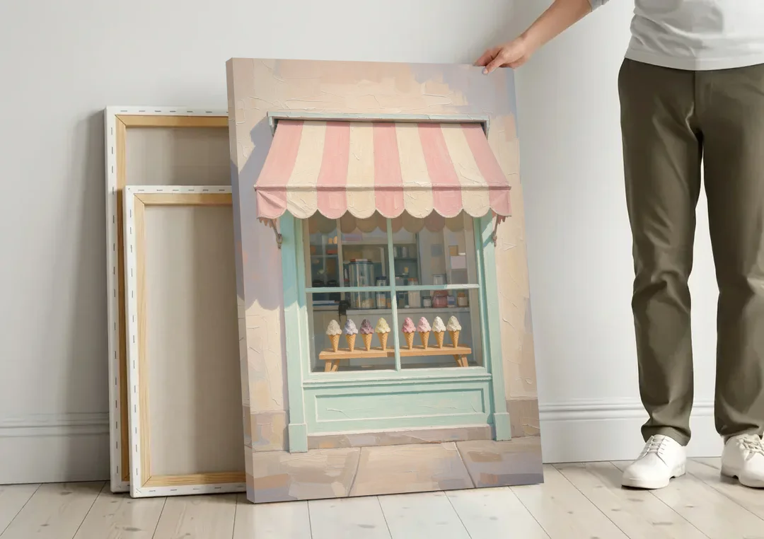 Ice Cream Shop Decor of a Striped Awning Window canvas wall art leaning against a wall next to blank canvases