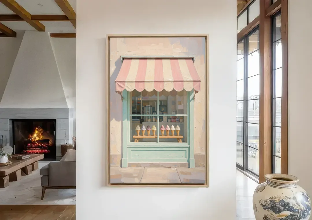 Ice Cream Shop Decor of a Striped Awning Window canvas wall art in a living room with a fireplace