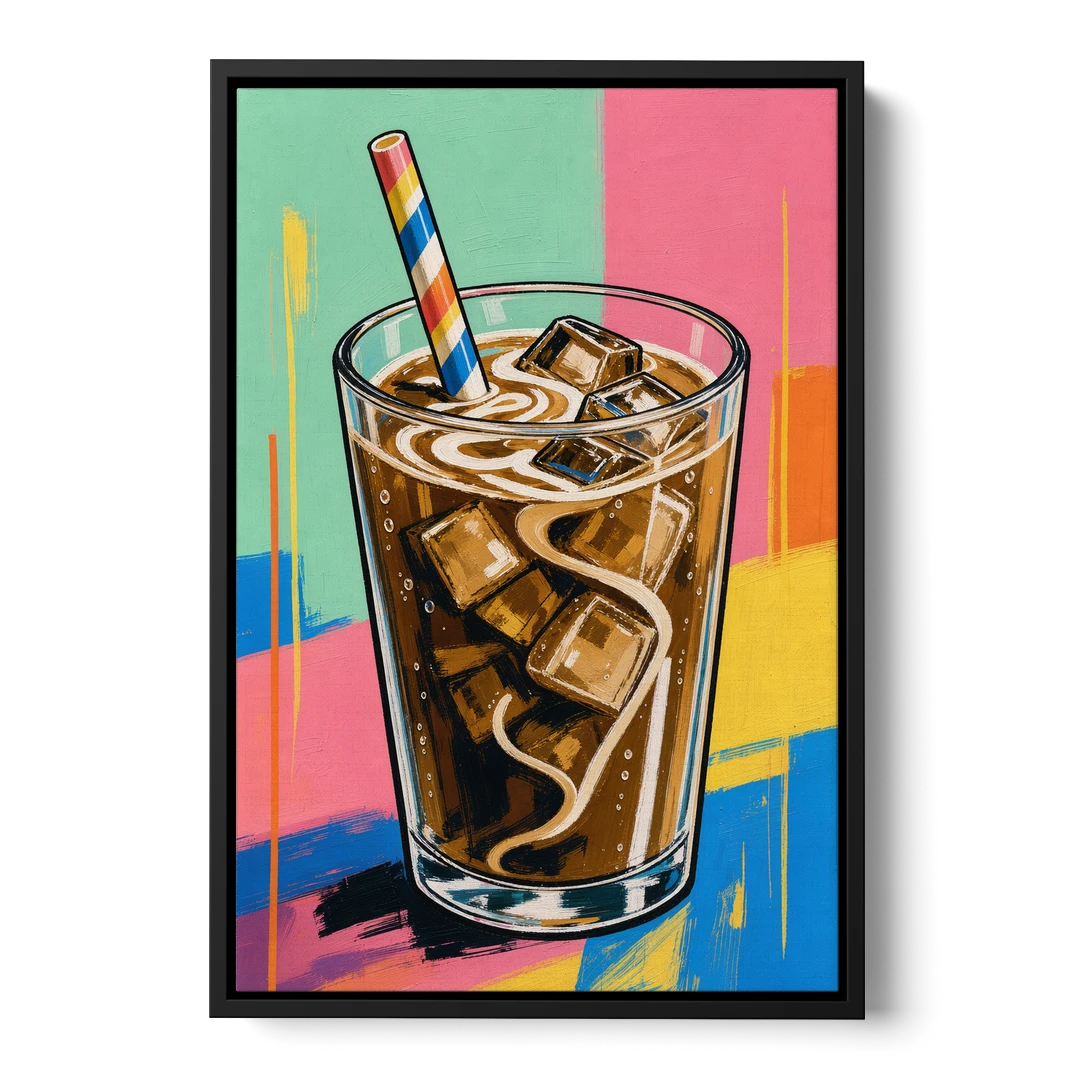 Modern Iced Coffee with a Striped Straw - Black Framed Canvas Wall Art - Front