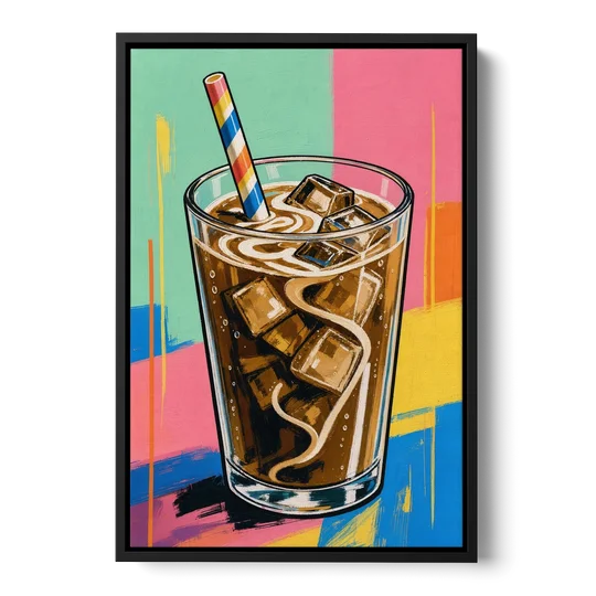 Modern Iced Coffee with a Striped Straw - Black Framed Canvas Wall Art - Front