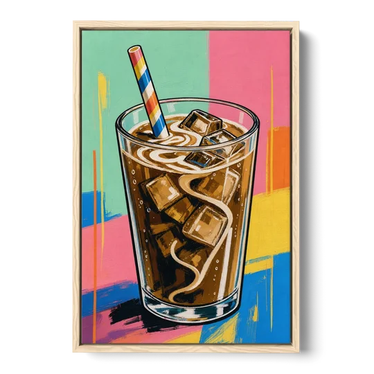 Modern Iced Coffee with a Striped Straw - Oak Framed Canvas Wall Art - Front