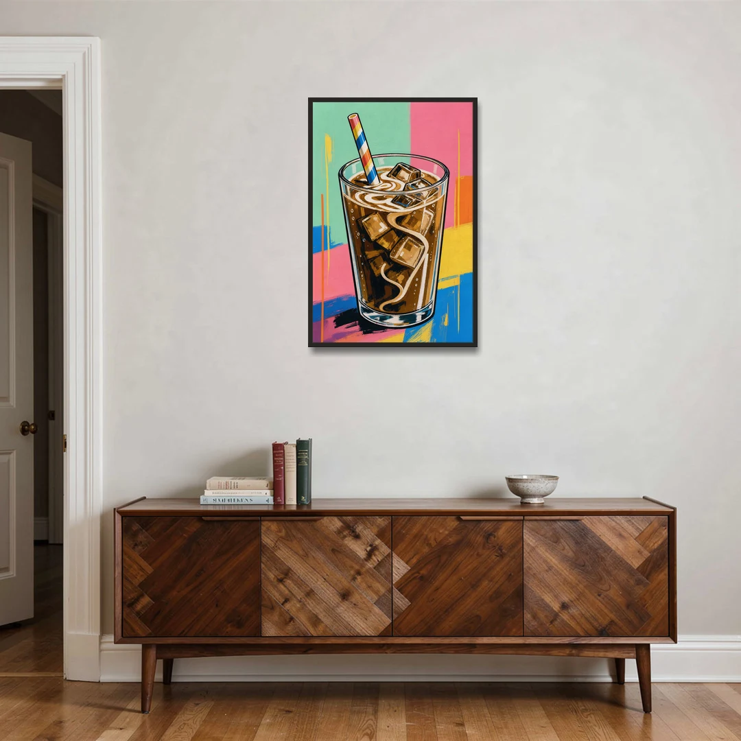 Modern Iced Coffee with a Striped Straw - Black Framed Canvas Wall Art - Coffee Table - 24x36